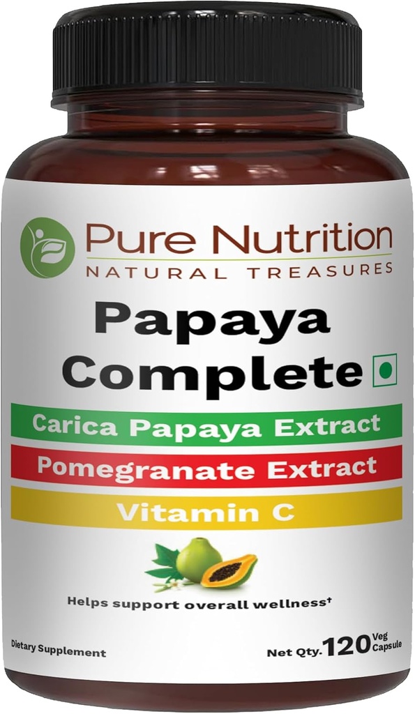 Nutrición pura Papaya Completa tención 120 Caps ← Carica Papaya Leaf Extract with Iron, VIT C, VIT A ' Folic Acid ← Apoya la inmunidad plaqueta " Digestión No Gluten-Free