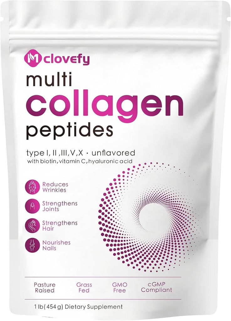 Multi Collagen Peptides Powder, 16 Oz (41 Servings) - Suplemento Proteína, Tipo I, II, III, V, X con Ácido Hialurónico, Vitamina C y Biotina, Mezcla fácilmente en Bebidas