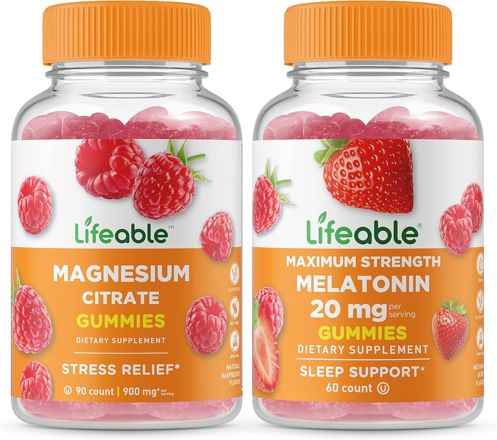 Magnesio salvavidas + Melatonina 20mg, Gummies Bundle - Gran Tasting, Suplemento de vitamina, Gluten Gratis, GMO Gratis, Chewable Gummy