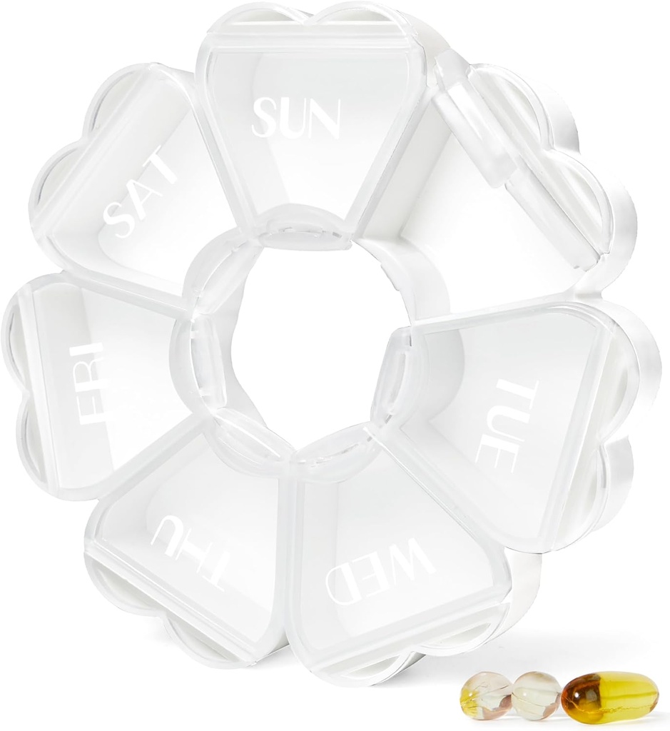 MOLN HYMY gran caja semanal de píldoras 7 días, lindo caso de píldora organizador 1 vez al día, Floral Pill Container Once Daily, Pretty Medicine Dispenser for Vitamin/Fish Oil/Medication/Supplements (White)