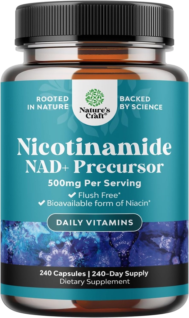 Vitamina B3 Niacinamide 500mg Capsules - Suplemento Mitocondrial de Energía y Potent - AKA Vitamina B3 Niacina 500mg Flush Gratis y Nicotinamide 500mg - Flush Free Niacin Suplemento - 240 Conde