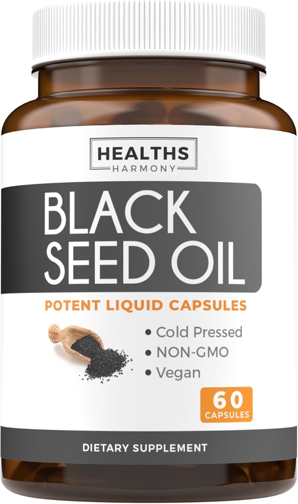 Black Seed Oil - 60 Softgel Capsules (No-GMO & Vegan) Premium Cold-Presed Nigella Sativa Producing Pure Black Cumin Seed Oil with Vitamin E - 500mg Cada, 1000mg Por 2 Capsule Serving