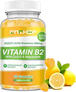 Vitamina B2 Gummies, Riboflavin 400mg Suplemento con Magnesium Glycinate &amp; CoQ10 para adultos &amp; niños, Soporte Migraine Relief & Nervous System, Boost Energy, Sugar Free Vegan B2 Gummies Lemon Flavor