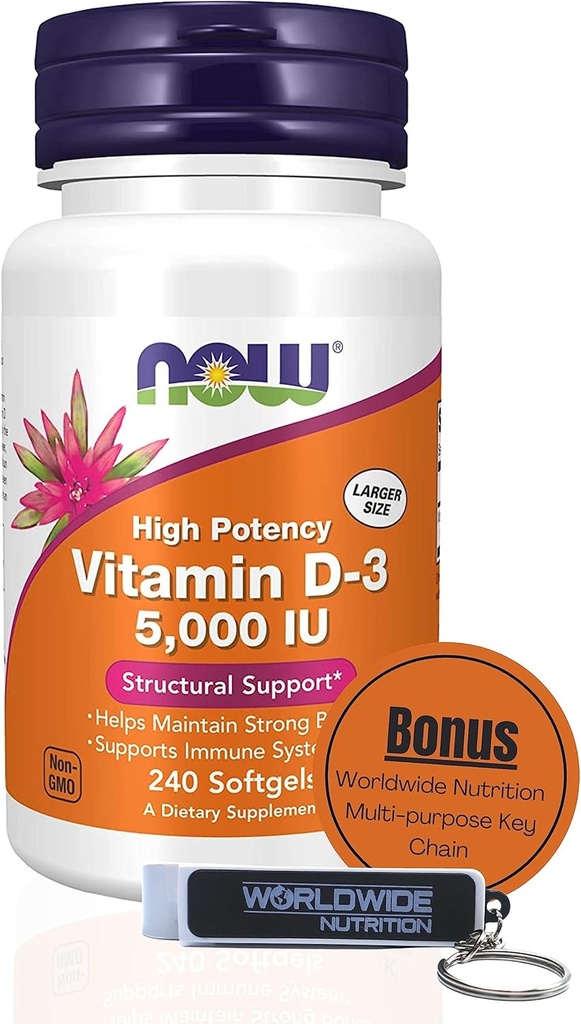 Nutrición mundial Ahora Suplementos Vitamina D3 5000 UI Softgels - Fórmula de alta potencia para soporte estructural D 240 Conteo de vitamina, orgánico &amp; llavero