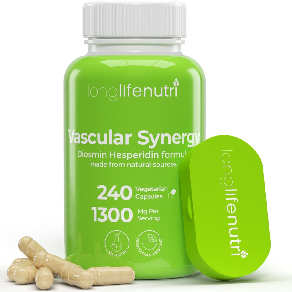 LongLifeNutri Diosmin Hesperidin Complex, Vascular Synergy 1000mg/300mg para Optimal Circulation & Vein Support: 240 Capsules, 120 Servings, 4-Month Supply, Made in USA