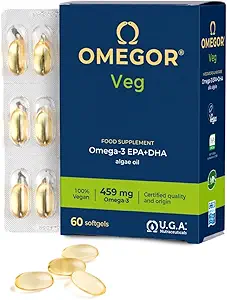 Vegan Omega 3 Suplemento OMEGOR Veg - Algae Oil Omega 3 con 250 mg EPA y 125 mg DHA con vitamina E - Vegan Society y IFOS certificados (60 caps)
