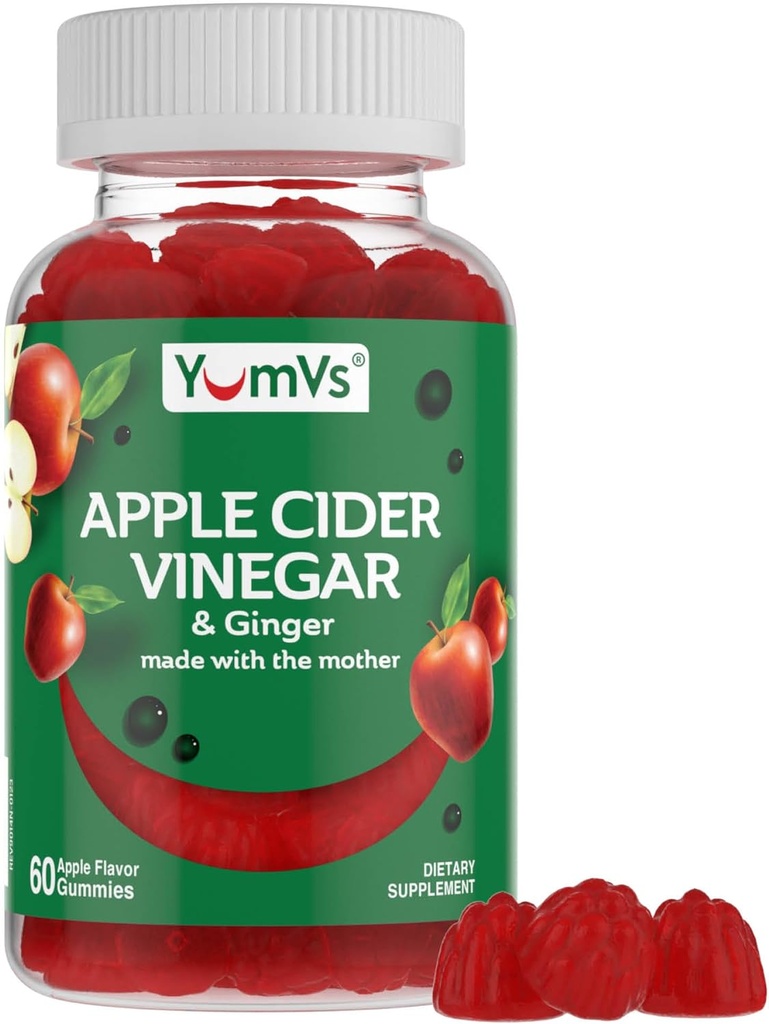 YUM-V'S Apple Cider Vinegar Gummies – ACV Gummies with Ginger " The Mother – Apoya el metabolismo, la vitalidad " Daily Wellness – Natural Apple Flavor Vegan, Non-GMO, Gluten-Free, Cider Gummy – 60 Conde