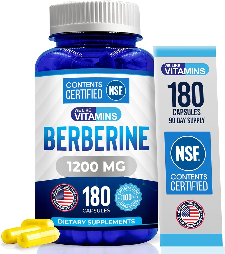 Nos gusta Vitaminas Beberine Suplemento,1200 mg, Puro Max Strength Berberine HCL - 180 Vegetarian Capsules (Gluten Free, Non GMO) - 90 Servimientos