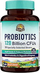 Probióticos de Vitalitown 120 Billones CFUs viv 36 Strains, con Prebióticos & Enzymes Digestivos tóxico Shelf Stable ← Salud Digestiva &amp; Apoyo Inmunitario ← Vegan, No-GMO Silencioso Pack of 1 ← 60 Caps de liberación retrasada