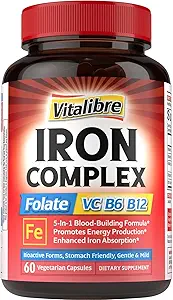 Suplemento de hierro para hombres y mujeres, con vitaminas C, B6, B12 &amp; Folate for Iron Deficiency, Blood Building " Energy Support, Stomach Friendly, Better Absorption, Non-GMO, No Gluten, 30 Vegan Caps