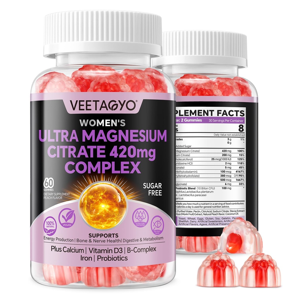 Magnesium Citrate Gummies 420mg para Adulto - Doble Capa - w/10 Billion CFU - 5 Strains Probiotics & Calcium, D3, Biotin, Iron, B6, B12, Folate, Support for Bone, Nerve, Relax, Muscle - Vegan 60Cts