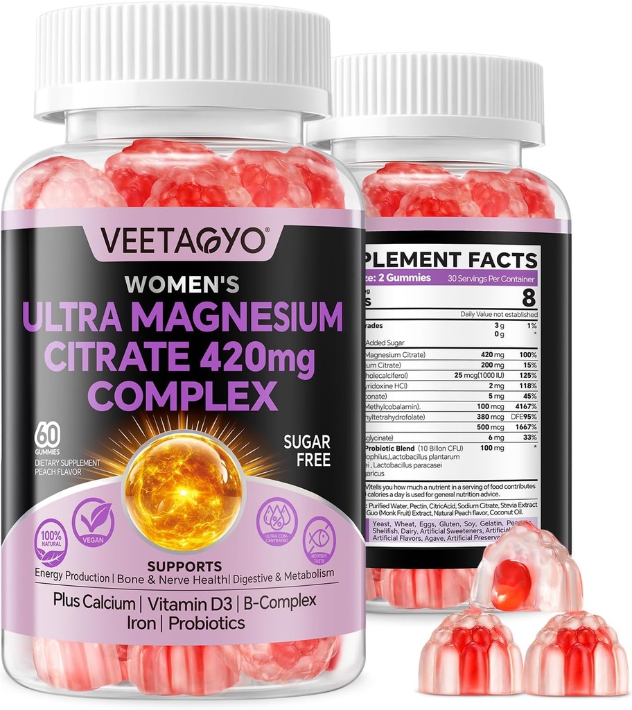 Magnesium Citrate Gummies 420mg para Adulto - Doble Capa - w/10 Billion CFU - 5 Strains Probiotics & Calcium, D3, Biotin, Iron, B6, B12, Folate, Support for Bone, Nerve, Relax, Muscle - Vegan 60Cts