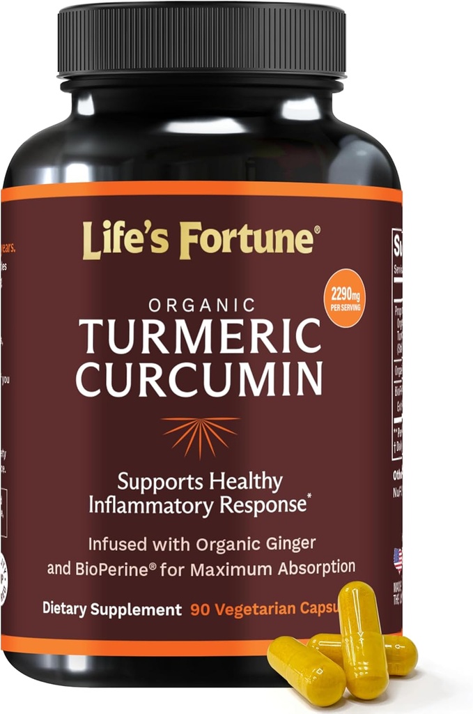 Curcumina Turmérica Orgánica de la Fortuna de la Vida con Pepper Negro y jengibre, Absorción Mejorada, Suplemento Extra Fuerza, Soporte Conjunto &amp; Inmunitario, No GMO, 90 Cap - 2250mg