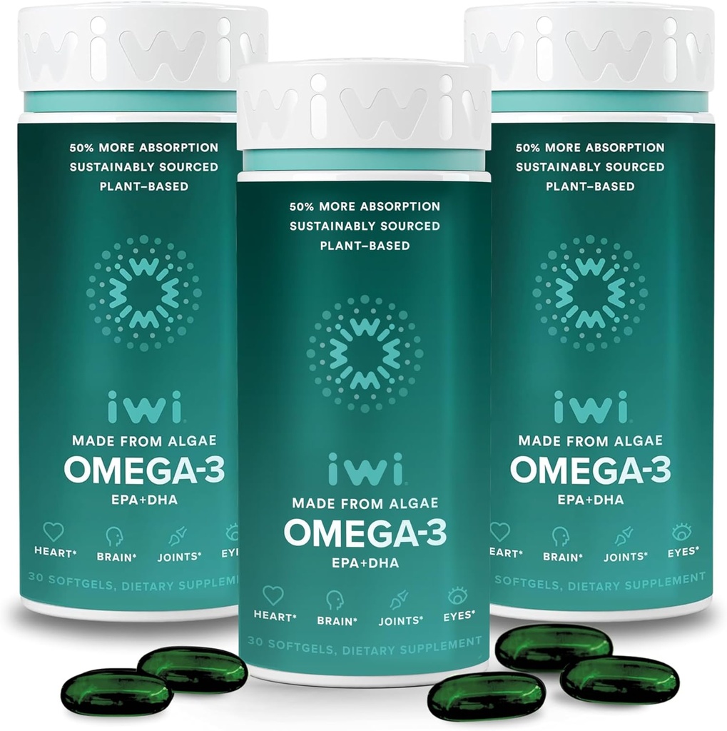 Iwi Omega-3, 90 Softgels (90 Servings), Vegan Plant-Based Algae Omega 3 con EPA + DHA, Soporte integral Suplemento dietético, Krill " Fish Oil Alternative, No Fishy Aftertaste