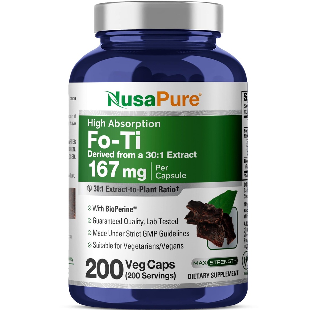 NusaPure Fo-Ti 30:1 Extracto, 167 mg Equivalente a 5000 mg por Veg Caps, 200 Conde, No GMO, Vegan, Bioperina