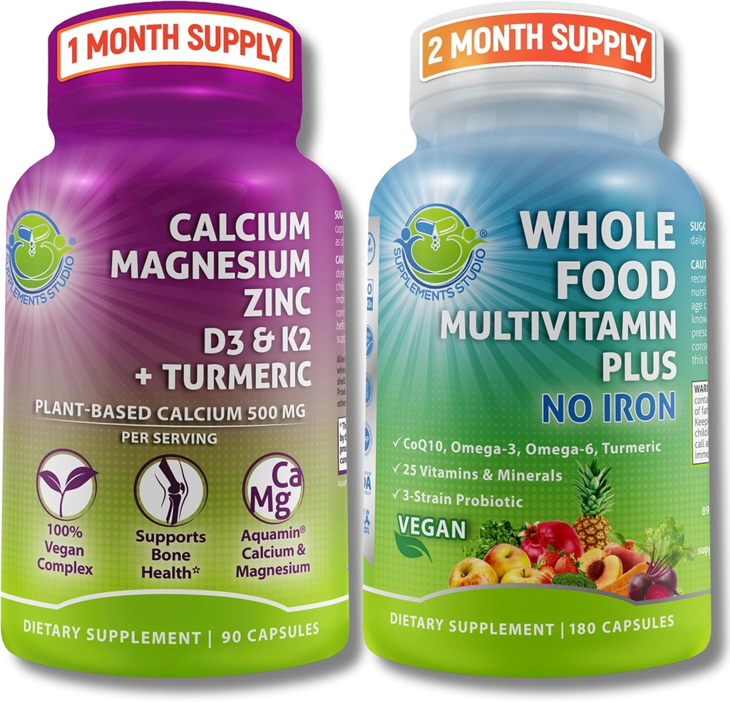 SUPPLEMENTOS STUDIO Daily Immune, Bone & Energy Support Bundle for Men &amp; Women – Vegan Whole Food Multivitamin Without Iron & Plant-Based Calcium Magnesium with D3, K2 & Turmeric – Vegan, Non-GMO
