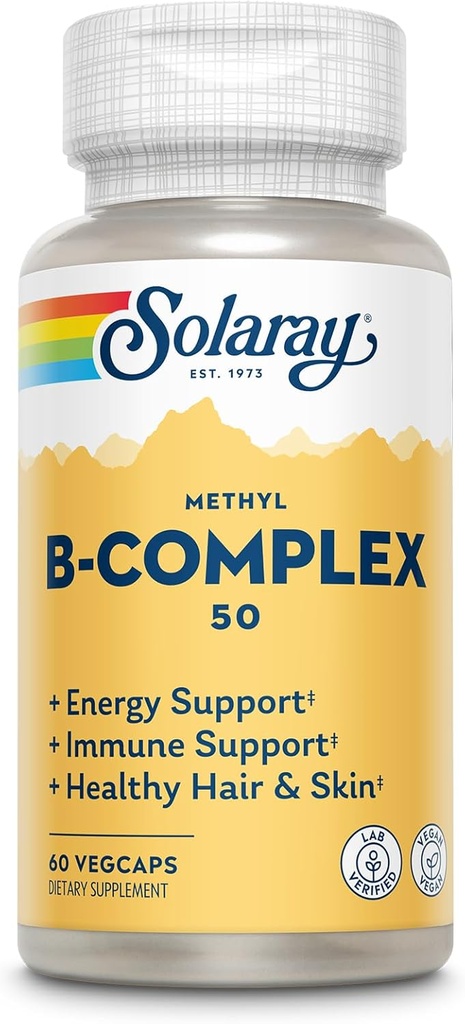 SOLARAY Methyl B Complex 50mg - Vitamin B Complex with Vitamin B12, B6, B1, Folic Acid, Biotin and More - Cellular Energy Supplements, Nerve Function Support - Vegan, 60-Day Guarantee, 60 Servings