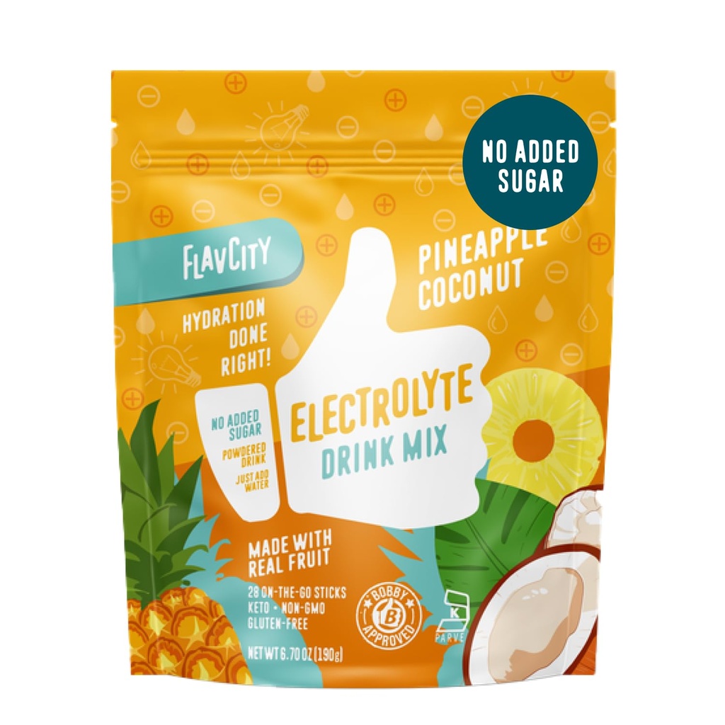 FlavCity Pineapple Coconut Electrolytes Powder Packets - 28 Hydration Packets - No Añadido Sugar - Hidration Powder with Real Fruit & Unrefined Sea Salt - Keto & Gluten-Free (28 Stick Packs)