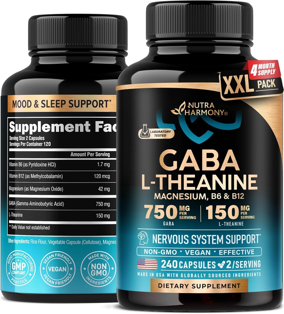 GABA L-Theanine 900 mg - Hecho en EE.UU. - Magnesio ANTE Vitamina B6 - Calma, Dormir, Relajación &amp; Mood Support - 750 mg Gamma AminoButyric Acid, 150 mg L-Theanine - Non-Habit Forming, Vegan - 240 cápsulas