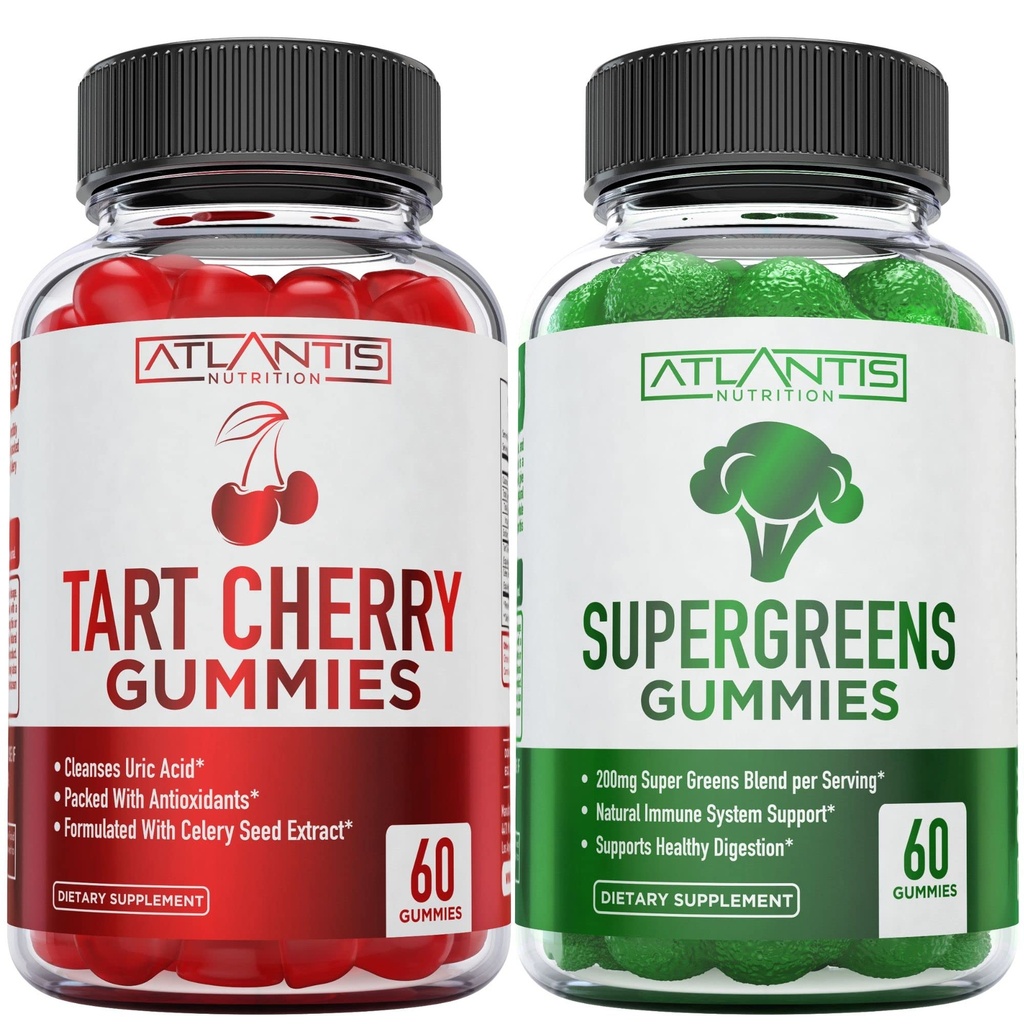 Atlantis Nutrition 60 Tart Cherry Gummies + 60 Supergreens Gummies.