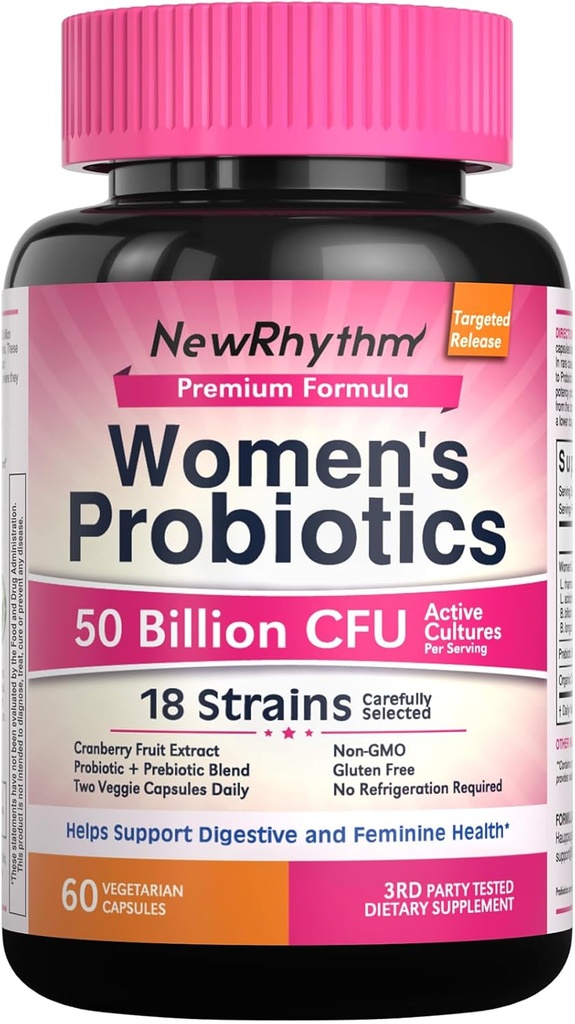 Probióticos de mujeres de NewRhythm, arándano orgánico para la salud vaginal de las mujeres, 50 millones de francos CFU 18 Strains, Probióticos y Prebióticos, Apoyo Salud Digestiva, 60 cápsulas Vegan
