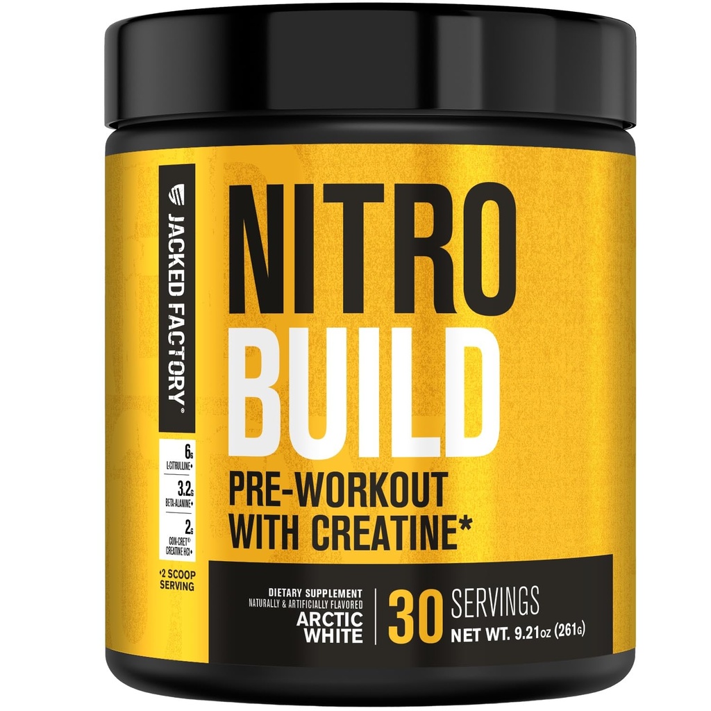 Jacked Factory Nitrosurge Build Pre Workout with Creatine for Muscle Building - Con Cret Creatine Powder & elevATP for Intense Energy, Powerful Pumps, & Endless Endurance - 30 Servings, Arctic White