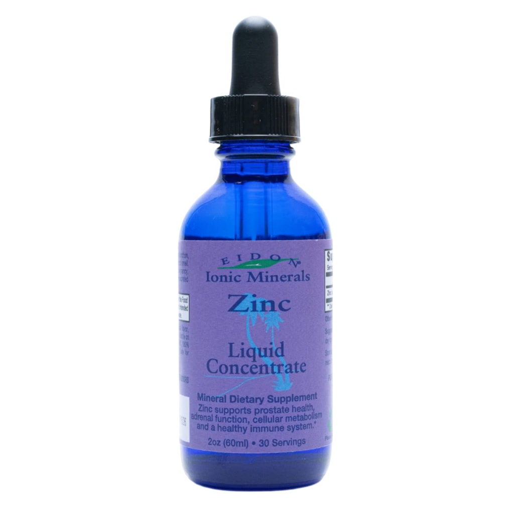 Eidon Ionic Minerals Concentrado de zinc líquido - Ionic Zinc Suplemento gotas para adultos y niños, Sistema de soporte, Peluquería y Piel, Salud del hígado y del riñón, Alivia el estrés - 2 oz