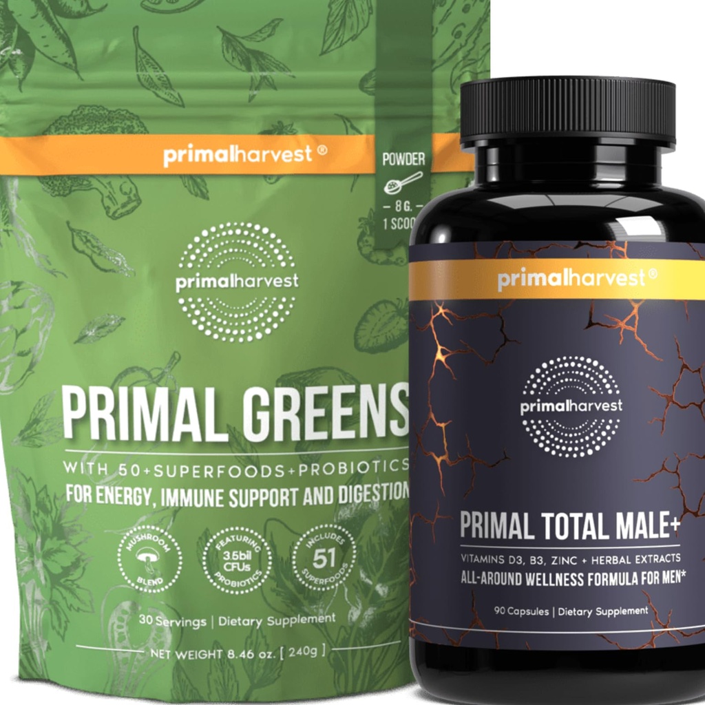 Primal Harvest Primal Total Masculino+ & Primal Verdes Suplemento Multivitamina y Nutricional Hombre con Ginseng, Vitaminas D y B, zinc, probióticos y Más, Gluten y Dairy Free