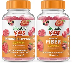 Lifeable Immune Support Kids + Prebiotic Fiber Kids, Gummies Bundle - Great Tasting, Vitamin Supplement, Gluten Free, GMO Free, Chewable Gummy