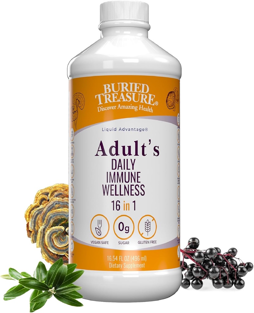 Tesoro Enterrado Adulto Wellness Immune Daily - 16 Fl oz, 16 serv, Liquid Nutrient Blend for Immune Support with Elderberry, Echinacea, Vitaminas &amp; más