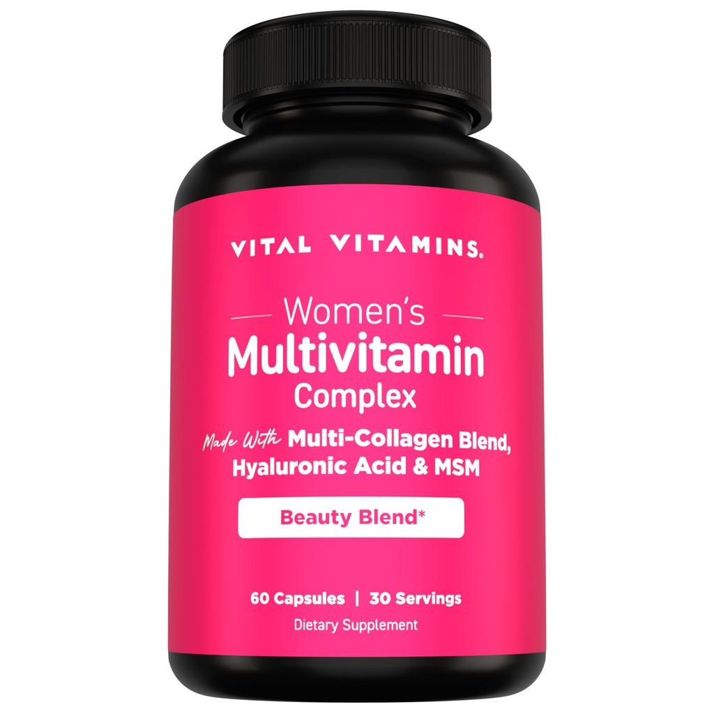 Complejo Multivitamínico de Mujeres Vital Vitaminas Vitales - Hecho con Lámina Multi-Colágena, Ácido Hialurónico, &amp; MSM - Multivitaminas de Belleza - con Vitamina A, C, E, B6, B12, D3-60 Cápsulas
