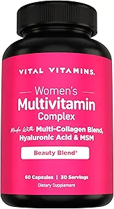 Complejo Multivitamínico de Mujeres Vital Vitaminas Vitales - Hecho con Lámina Multi-Colágena, Ácido Hialurónico, &amp; MSM - Multivitaminas de Belleza - con Vitamina A, C, E, B6, B12, D3-60 Cápsulas