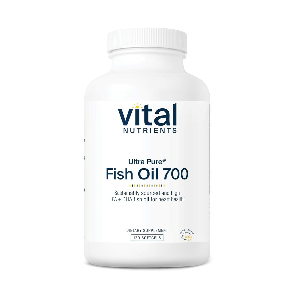Vital Nutrients Ultra Pure® Fish Oil 700 ← Soporta Corazón, Cerebro y Salud Conjunta* Silencio Fuente sostenible High EPA & DHA Omega-3 Fatty Acid ← Lemon Flavor TEN Gluten, Dairy &amp; Soy Free TEN 120 Softgels