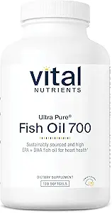 Vital Nutrients Ultra Pure® Fish Oil 700 | Supports Heart, Brain, and Joint Health* | Sustainably Sourced High EPA & DHA Omega-3 Fatty Acid | Lemon Flavor | Gluten, Dairy & Soy Free | 120 Softgels
