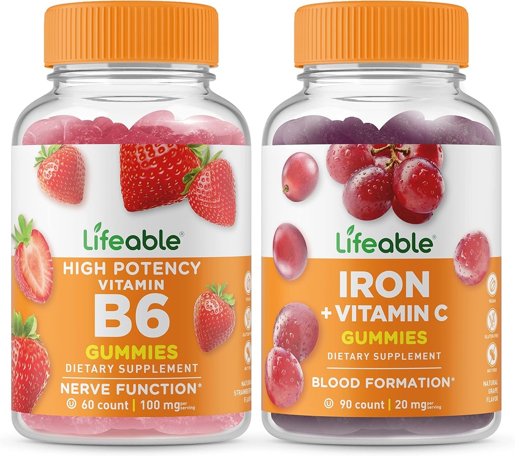 Vitamina B6 + Hierro con vitamina C, Gummies Bundle - Gran Tasting, Suplemento de vitaminas, Gluten Gratis, GMO Gratis, Chewable