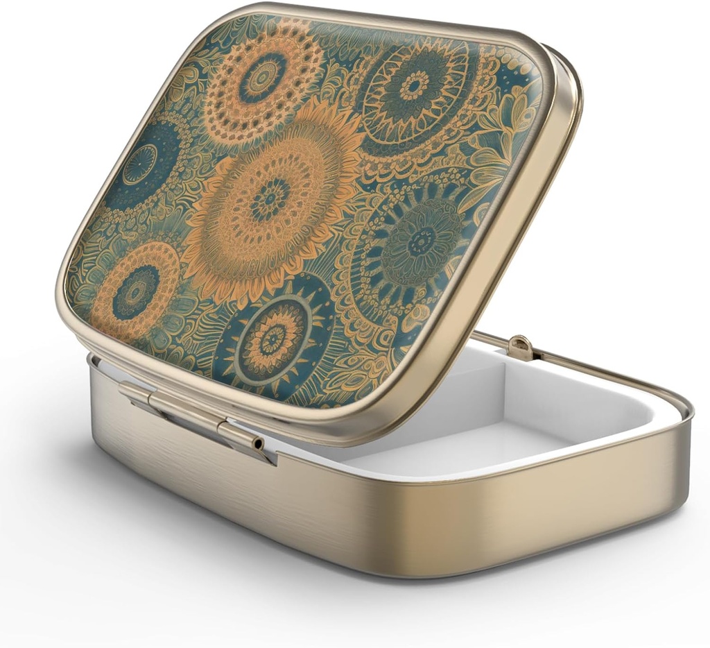 Pill Case Pill Box with Mirror Retro 2 Compartment Small Pill Case for Purse or Pocket Bronze Rectangular Pill Box or Vitamins, Fish Oil, Supplements, Pill Containe Travel Gifts(Retro Mandala)