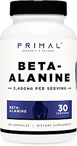 Primal Beta-Alanine Capsules 3400mg (30 Servings, 120 Capsules) - Supplement, Gluten-Free & Non-GMO, 850mg Per Cap