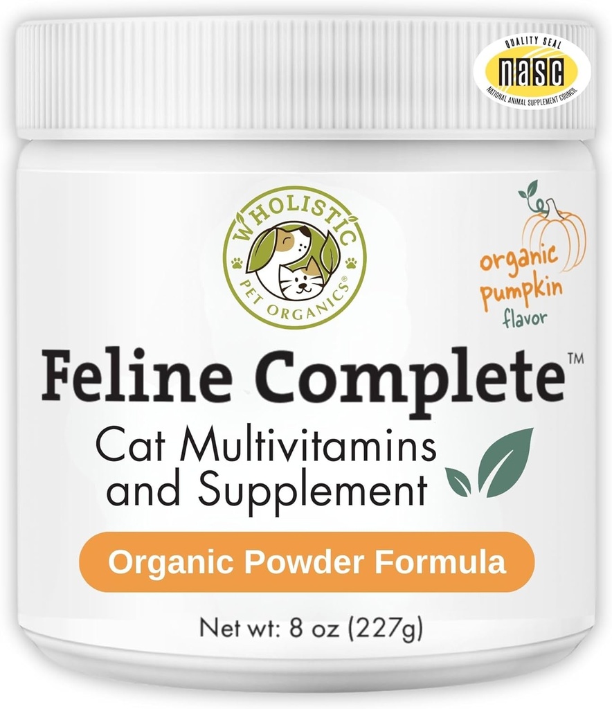 Wholistic Pet Organics Feline Complete Organic Pumpkin - 8 Oz - Multivitamin &amp; Probiotic Powder para gatos - Natural Cat Food &amp; Digestive Support