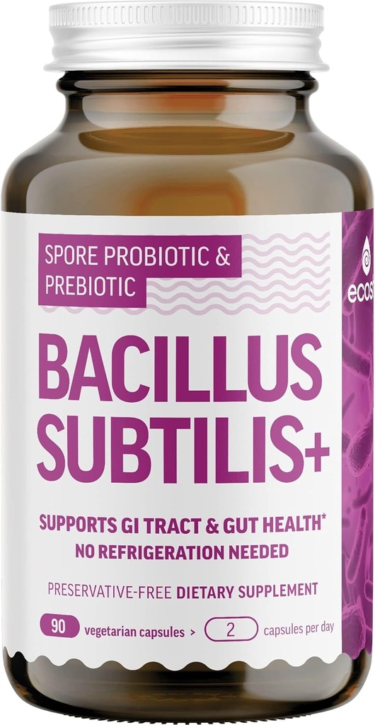 Bacillus Subtilis Spore Based Probiotic — High Potency Strain with Prebiotic for Balanced Belly Silencio Daily Gut Health & Microbiome Support for Family TEN 6 Billion CFU Por Day TEN 90 Vegetarian Capsules