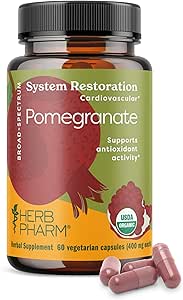 Herb Pharm USDA Organic Pomegranate Capsules for Heart Health Support ¦ Antioxidant Activity Support &amp; Heart Health Supplement Certified Organic Pomegranate Extract ← 60 Vegan Capsules 30 Day Supply*