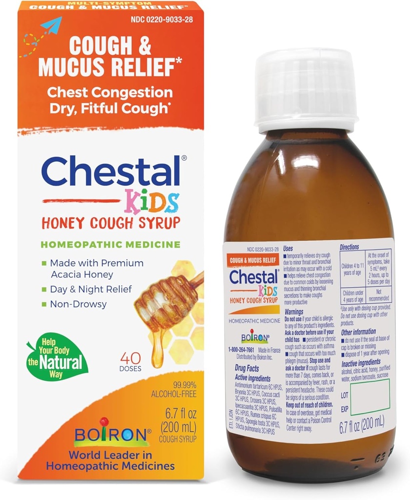 Boiron Chestal Honey Sirope de Tos Infantil para Congestión Nasal y Chest, Runny Nose y Sore Throat Relief - 6.7 Fl oz