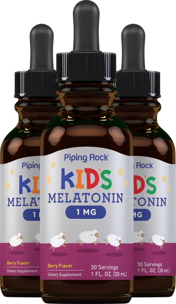 Piping Rock Kids Melatonin Liquid 1 fl oz TENIDO 1mg TENIDO Pack of 3 Bottles ANTE Berry Flavor Drops ANTE Non-GMO, Gluten Free Supplement