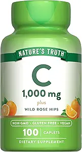 La verdad de la naturaleza Vitamina C 1000 mg con Rose Hips TEN 110 cápsulas ANTE Vegan, No GMO, > Suplemento gratuito