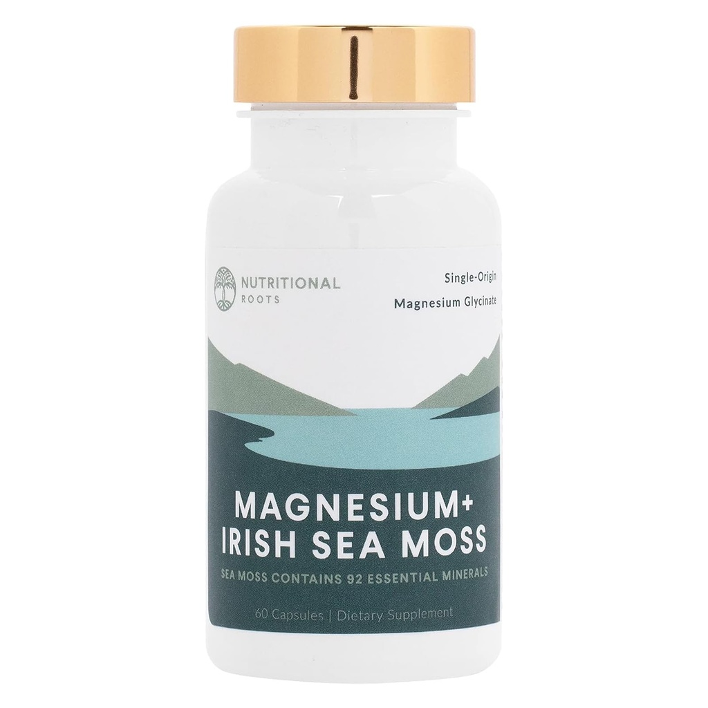Nutritional Roots - Magnesium + Irish Sea Moss - 350mg Magnesium Glycinate & Organic Irish Sea Moss - Essential Minerals - Supports Heart & Bone Health - Dietary Supplement - 30 Servings - 60 Capsules