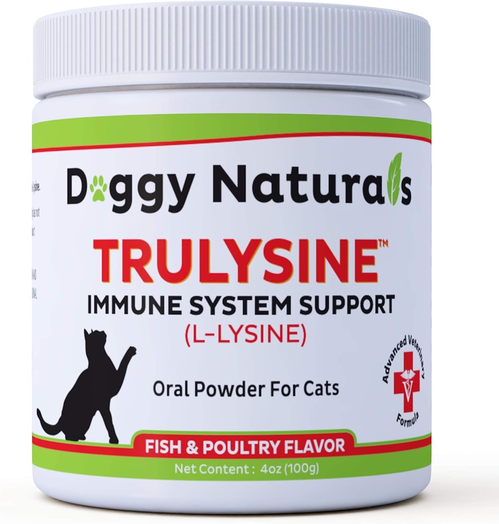 Trulysine L-Lysine for Cats Immune Support Oral Powder 4oz/100g - Cats & Kittens of All Age, Sneezing, Runny Nose Squinting, Watery Eyes - Fish ' Poultry Flavor (U.S.A)(100 Grams ( 500mg / Scoop))