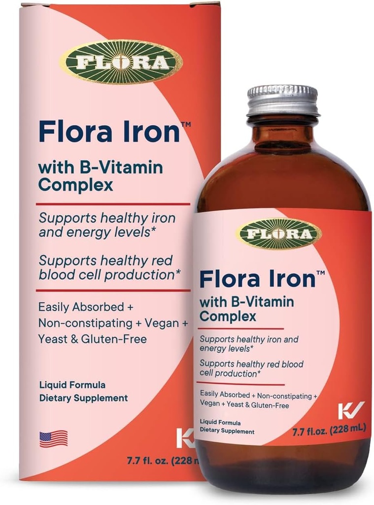 Flora Iron - Suplemento de hierro líquido vegano con vitaminas B - Ofertas Red Blood Cell &amp; Energy Support - Yeast-Free - Delicious Fruit Juice Base - 7.7 fl. oz. Botella de vidrio