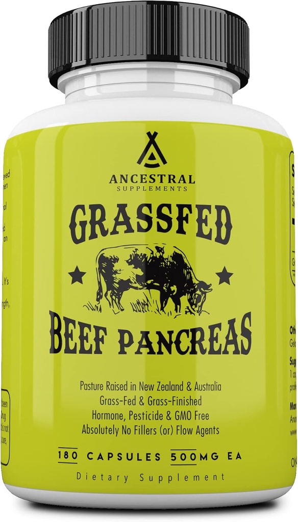 Suplementos ancestrales Grass Fed Beef Pancreas Suplemento, 500mg, Pancreatic Support with Proteolytic Digestive Enzymes for Digestion Support, including Trypsin, Non GMO, 180 Capsules