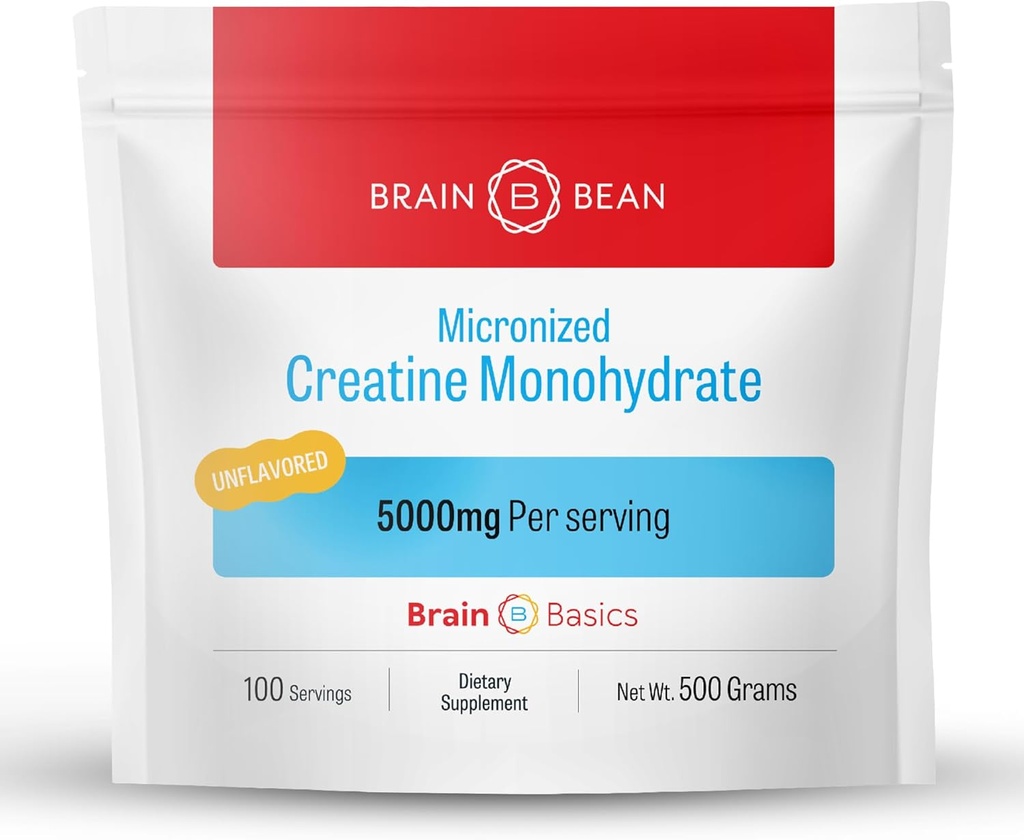 Brain Bean 500mg Unflavored Micronized Creatine Monohydrate Powder Helps Boost Energy for Brain Health - Non-GMO, Gluten-Free Creatine Powder Supports Muscle Health (Made in USA)