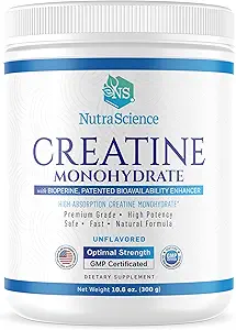 NutraScience Creatine Monohydrate Powder with BioPerine, Supports Lean Muscle Growth and Recovery, 60 Servings, 5000mg Por Serving, Unflavored, GMP sertified, Vegan Friendly, Non GMO