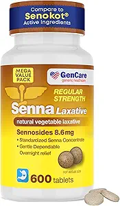 GenCare Senna Laxative 600 Tablets Senna 8.6mg Tablets with Natural Sennosides ← Laxatives for Constipation, Bloating, Gas &amp; Irregularity Relief. Seguro " Efectivamente " Genérico para Senokot